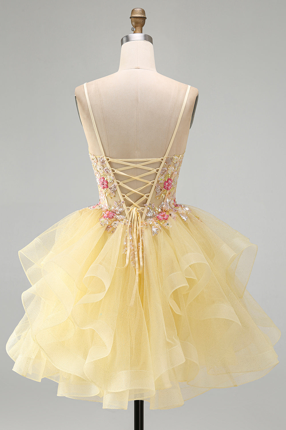 Floral Beaded Yellow V-Neck Ruffled Short Corset Homecoming Dress