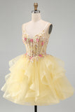 Floral Beaded Yellow V-Neck Ruffled Short Corset Homecoming Dress