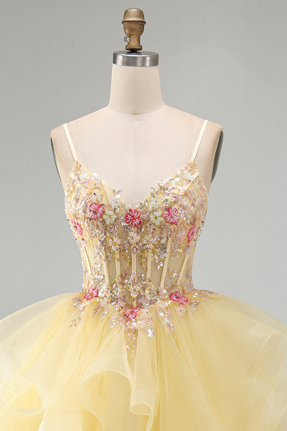 Floral Beaded Yellow V-Neck Ruffled Short Corset Homecoming Dress