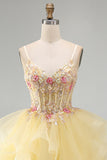 Floral Beaded Yellow V-Neck Ruffled Short Corset Homecoming Dress