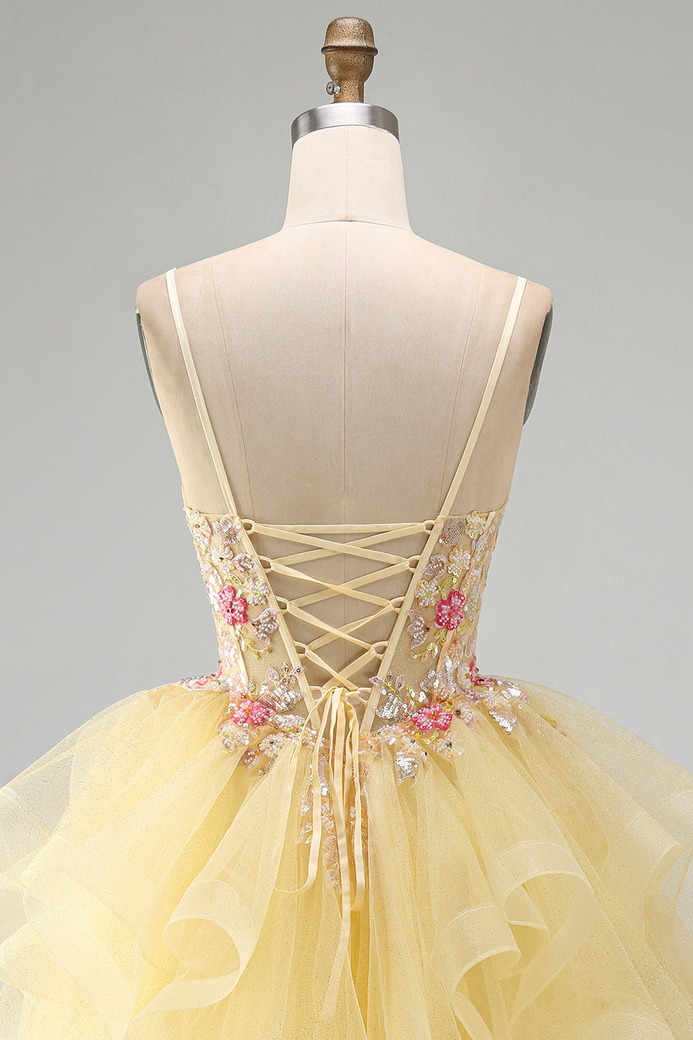 Floral Beaded Yellow V-Neck Ruffled Short Corset Homecoming Dress