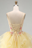 Floral Beaded Yellow V-Neck Ruffled Short Corset Homecoming Dress