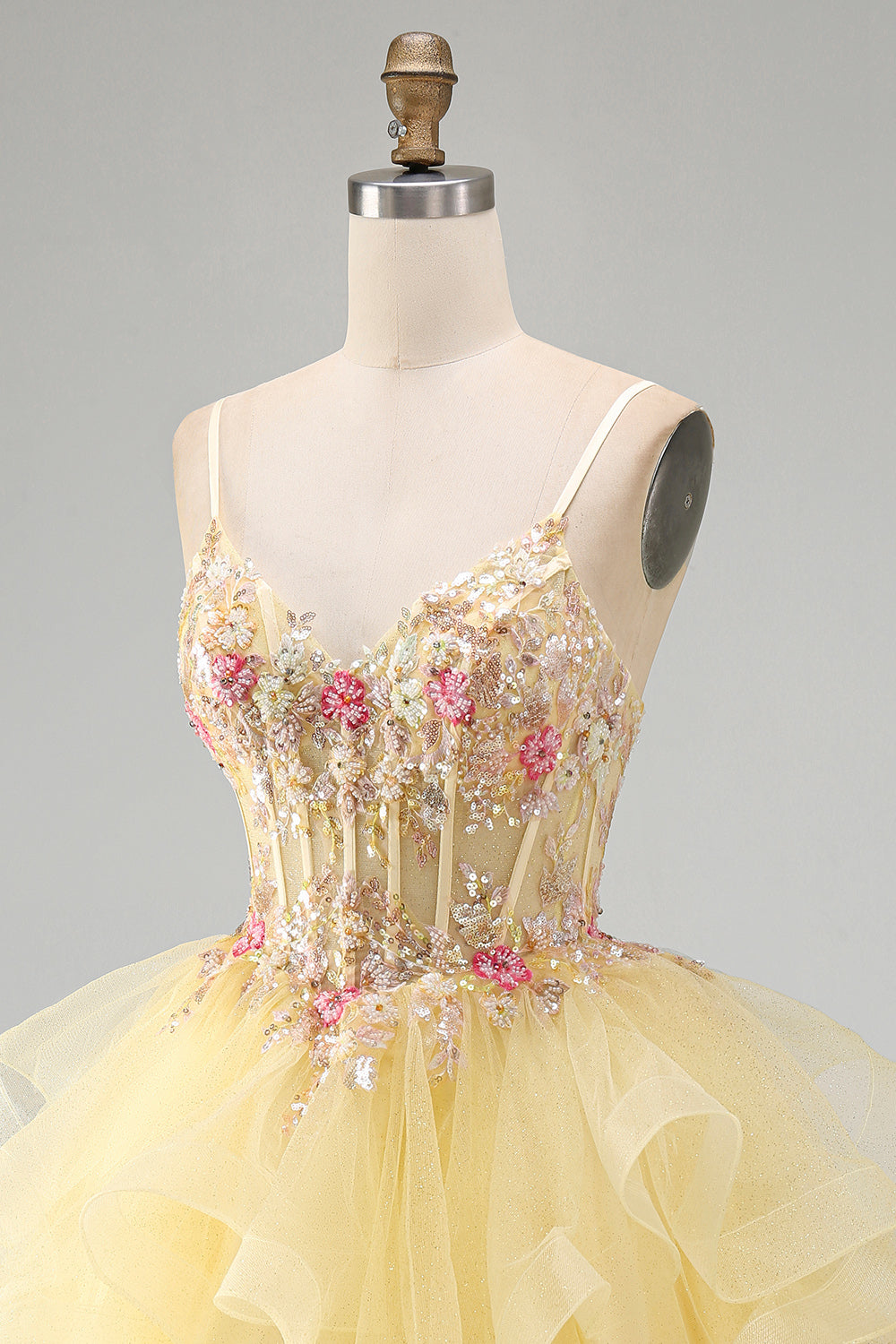 Floral Beaded Yellow V-Neck Ruffled Short Corset Homecoming Dress