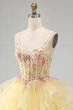 Floral Beaded Yellow V-Neck Ruffled Short Corset Homecoming Dress