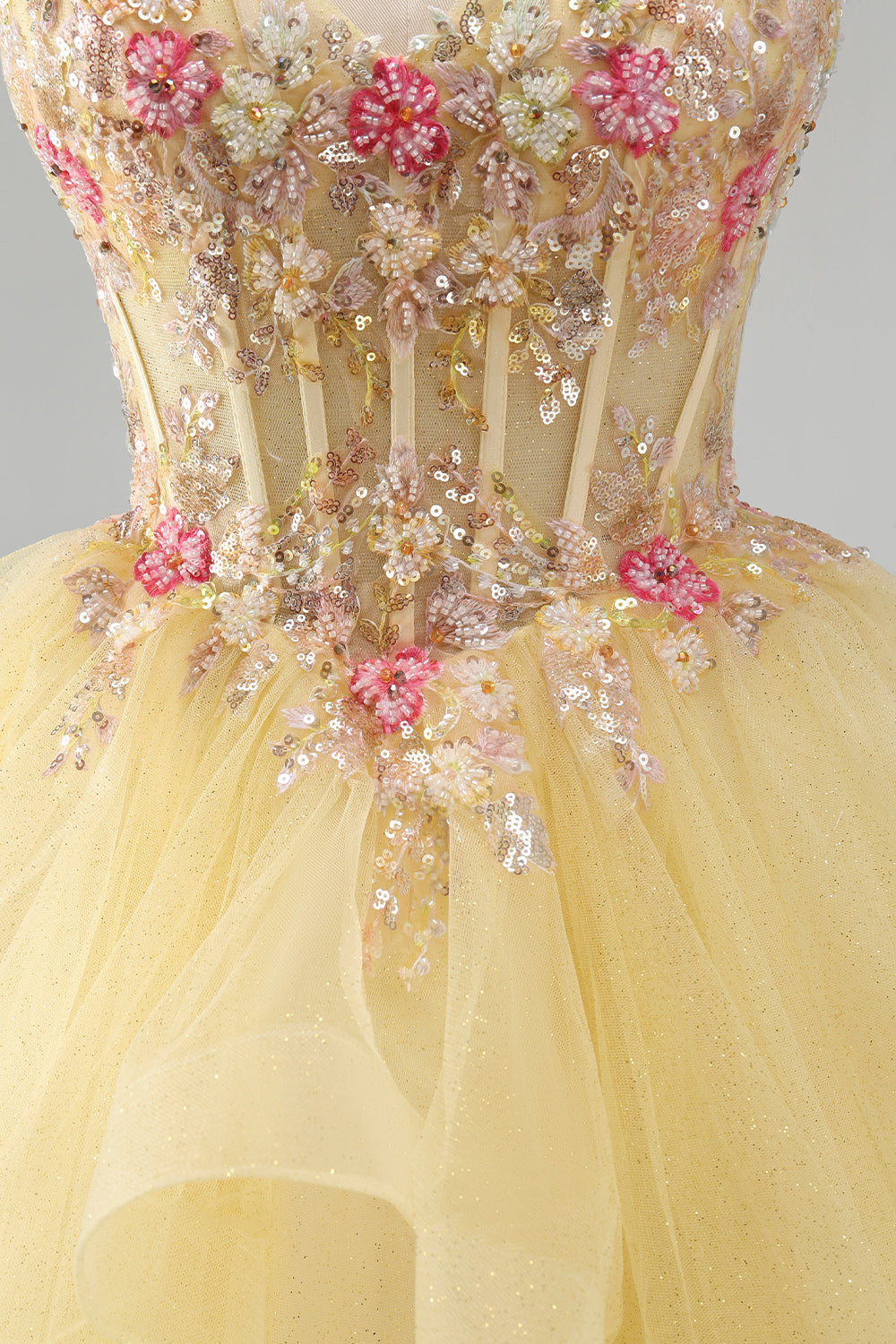 Floral Beaded Yellow V-Neck Ruffled Short Corset Homecoming Dress