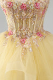 Floral Beaded Yellow V-Neck Ruffled Short Corset Homecoming Dress