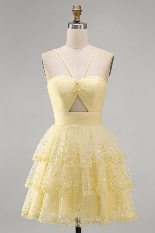 Yellow Tiered A Line Keyhole Short Homecoming Dress with Beading