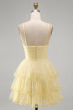 Yellow Tiered A Line Keyhole Short Homecoming Dress with Beading