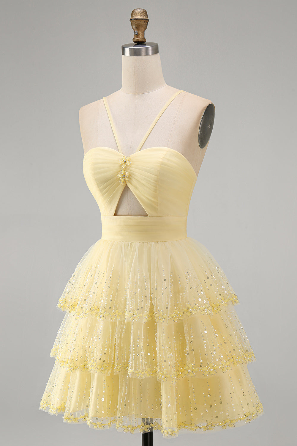 Yellow Tiered A Line Keyhole Short Homecoming Dress with Beading