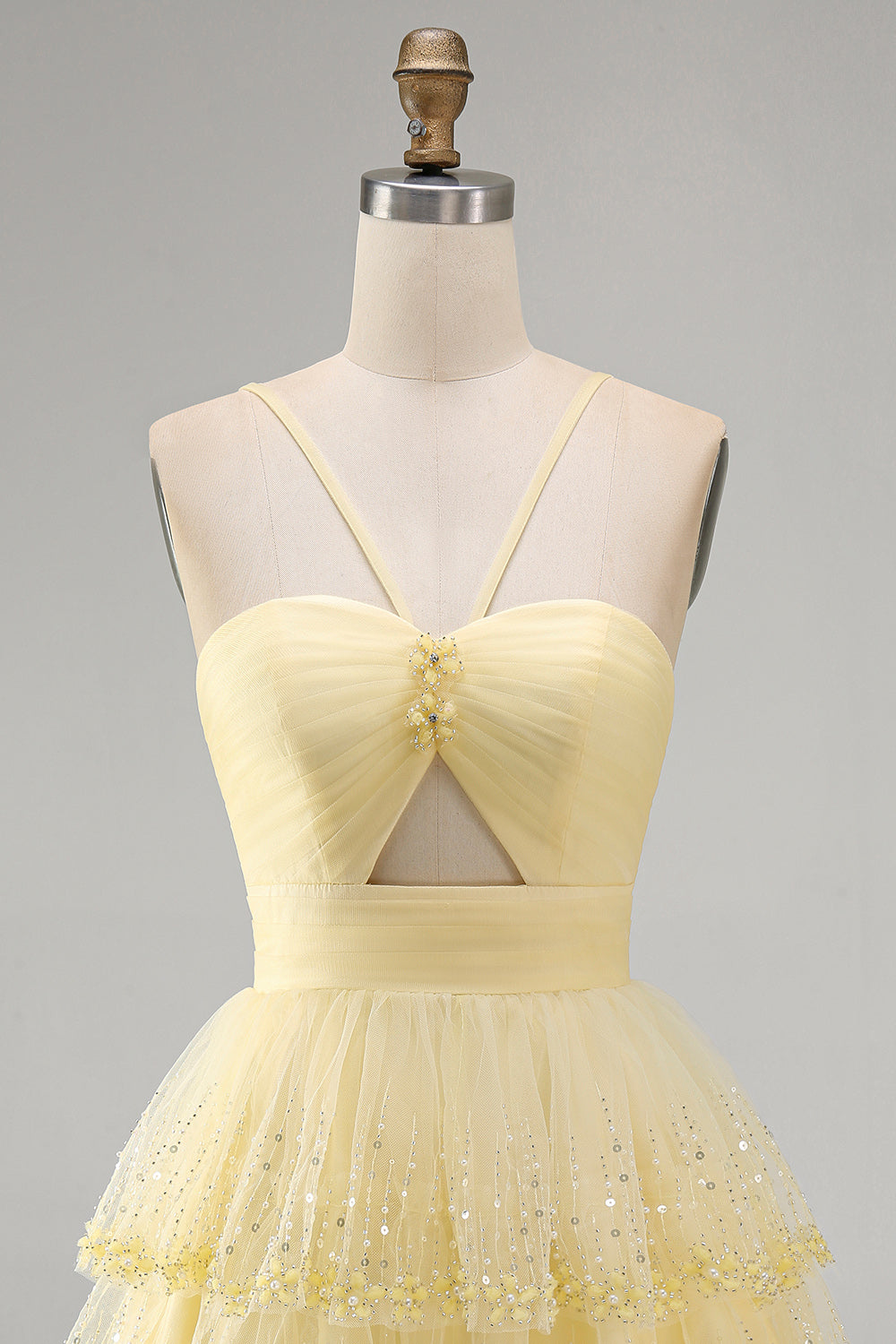 Yellow Tiered A Line Keyhole Short Homecoming Dress with Beading