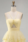 Yellow Tiered A Line Keyhole Short Homecoming Dress with Beading