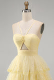 Yellow Tiered A Line Keyhole Short Homecoming Dress with Beading