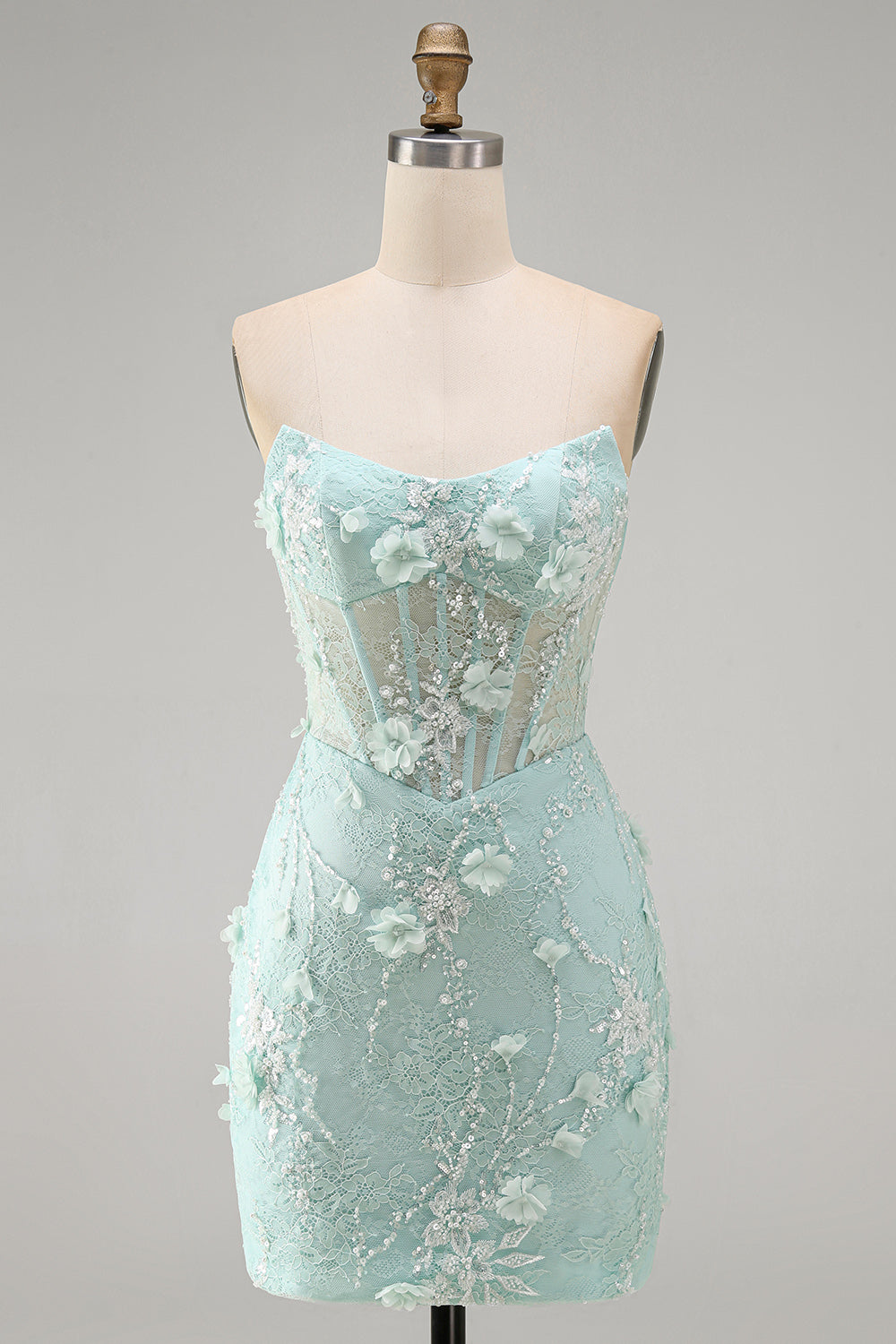 Mint Lace Tight Beaded Short Corset Homecoming Dress with 3D Flower