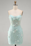 Mint Lace Tight Beaded Short Corset Homecoming Dress with 3D Flower