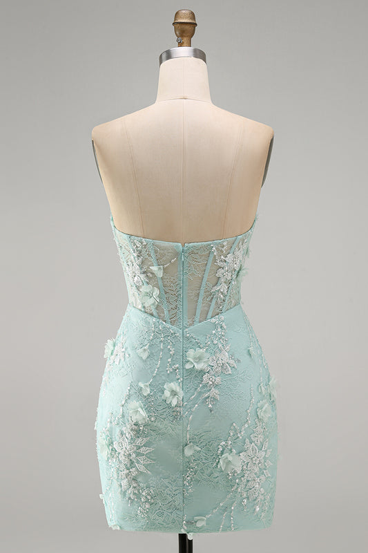 Mint Lace Tight Beaded Short Corset Homecoming Dress with 3D Flower