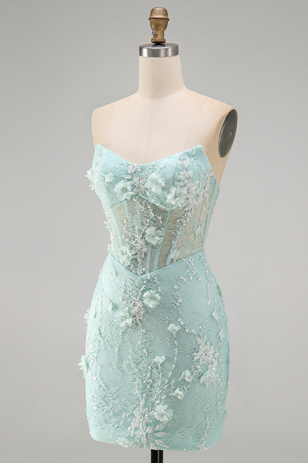 Mint Lace Tight Beaded Short Corset Homecoming Dress with 3D Flower
