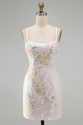 Sparkly Pink Floral Sequins Tight Scoop Neck Short Homecoming Dress