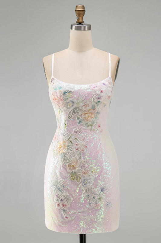 Sparkly Pink Floral Sequins Tight Scoop Neck Short Homecoming Dress