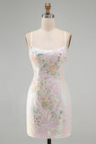 Sparkly Pink Floral Sequins Tight Scoop Neck Short Homecoming Dress