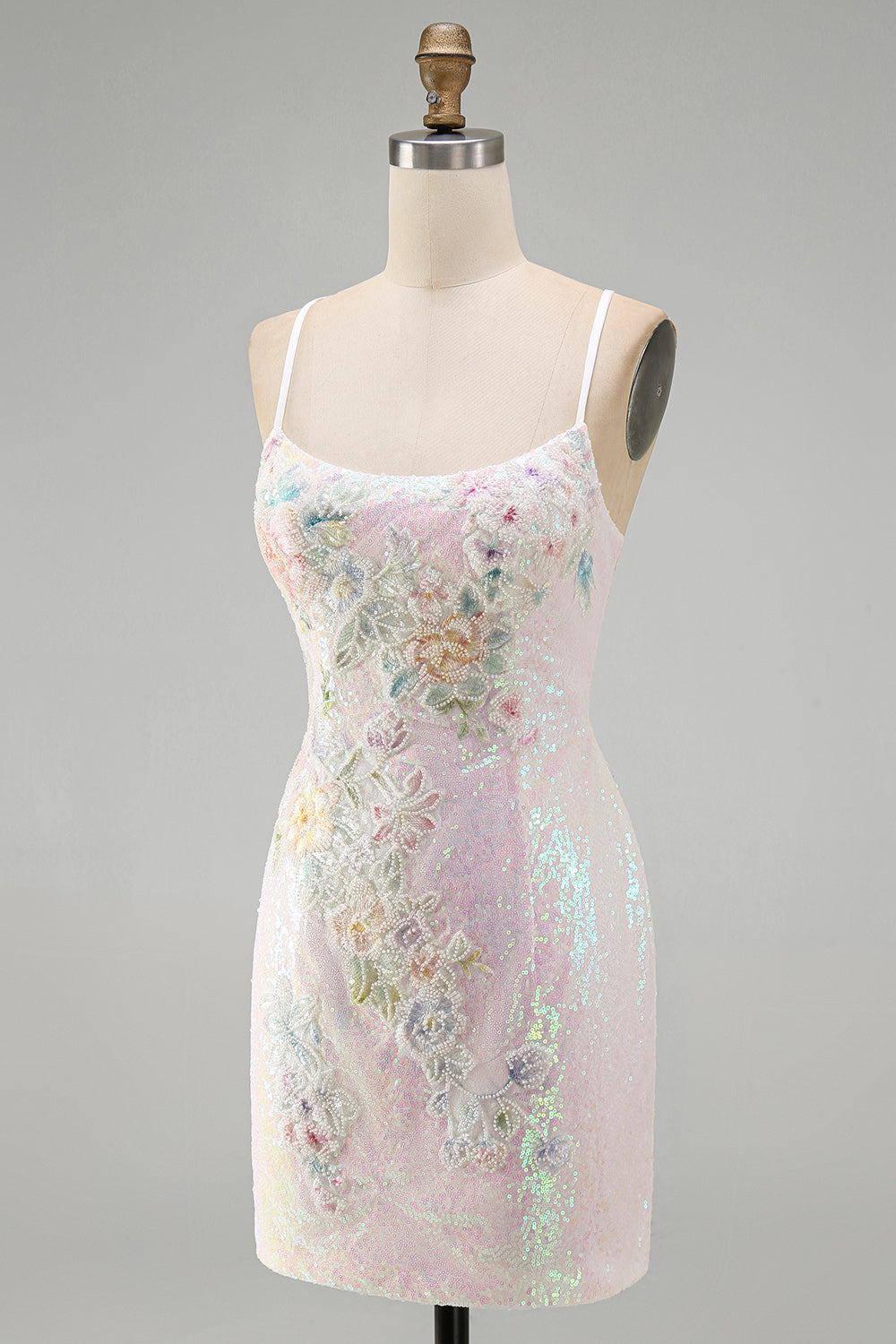 Sparkly Pink Floral Sequins Tight Scoop Neck Short Homecoming Dress