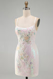 Sparkly Pink Floral Sequins Tight Scoop Neck Short Homecoming Dress