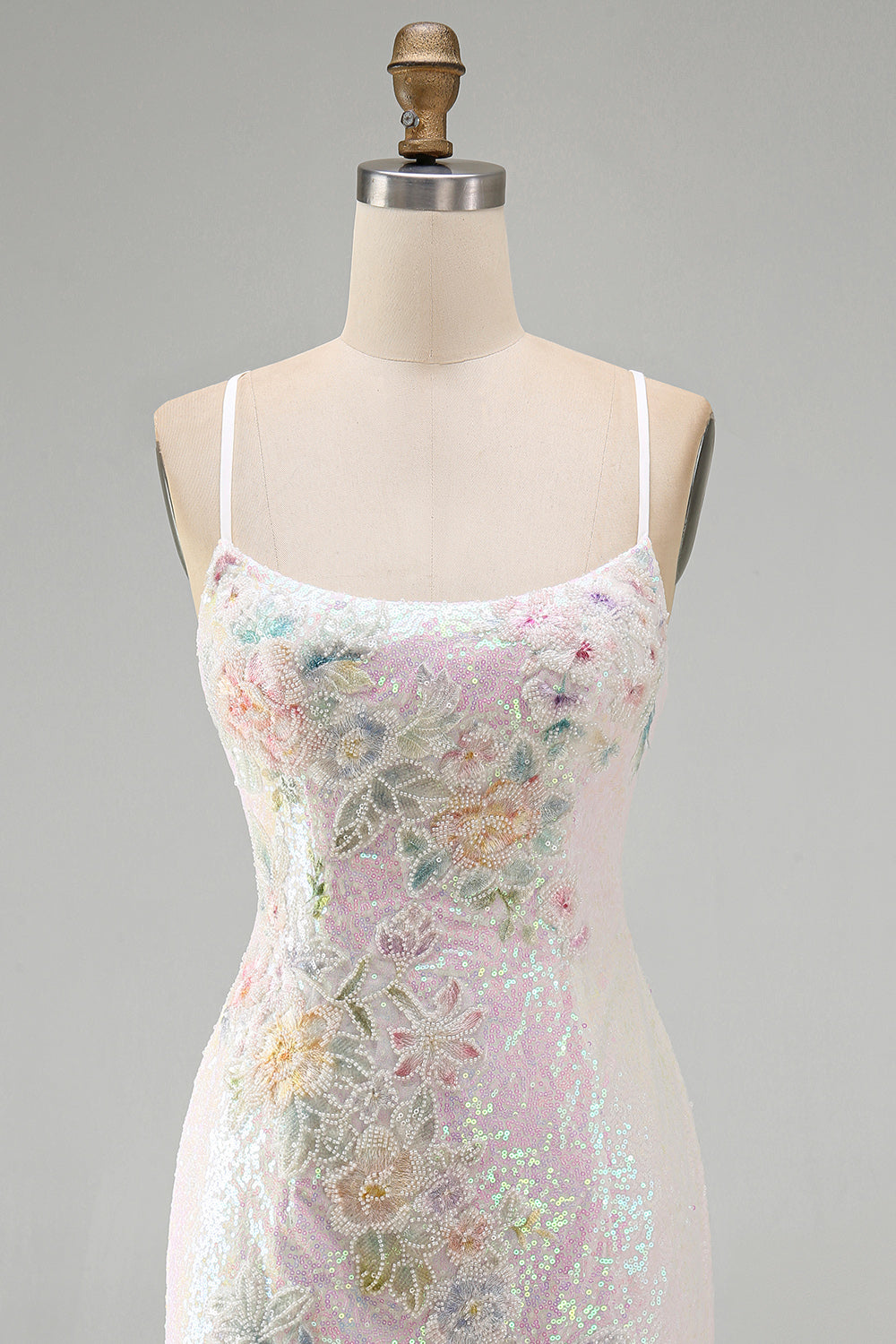 Sparkly Pink Floral Sequins Tight Scoop Neck Short Homecoming Dress
