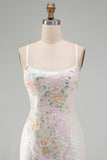 Sparkly Pink Floral Sequins Tight Scoop Neck Short Homecoming Dress