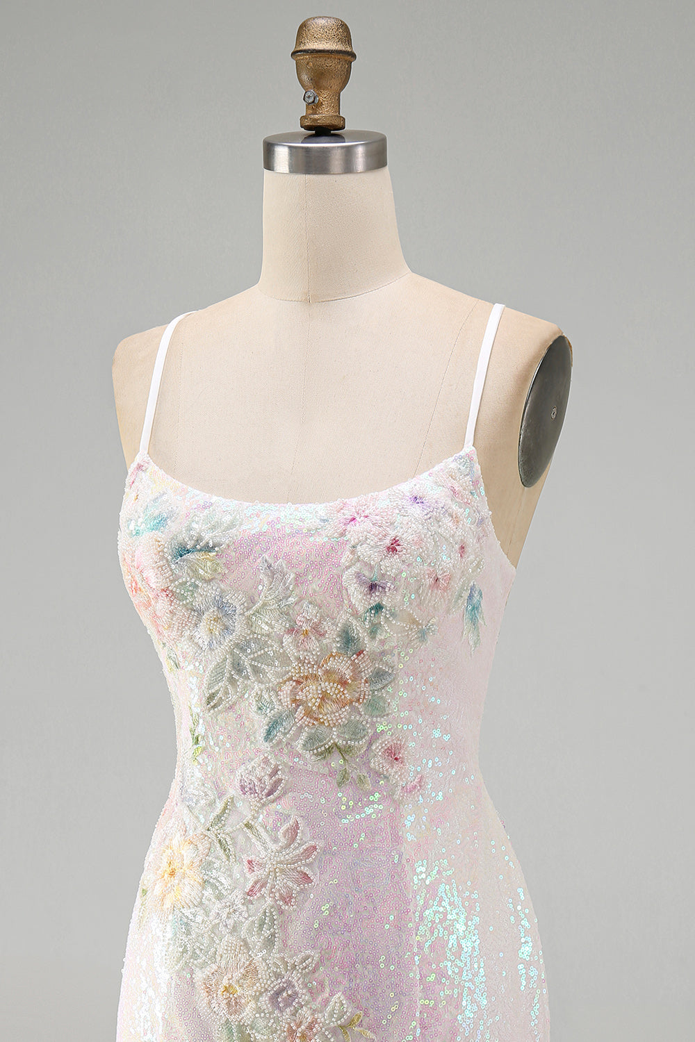 Sparkly Pink Floral Sequins Tight Scoop Neck Short Homecoming Dress