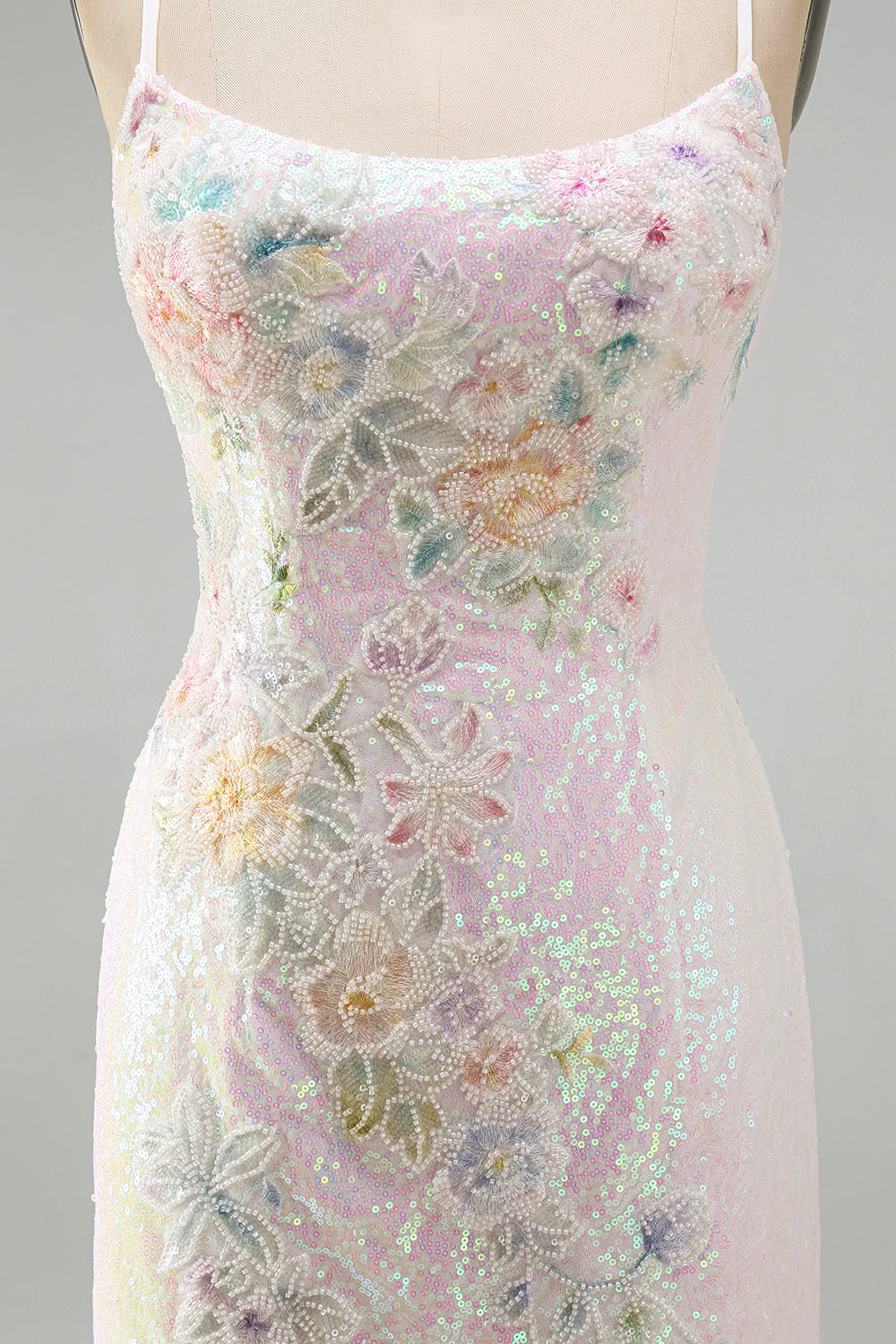 Sparkly Pink Floral Sequins Tight Scoop Neck Short Homecoming Dress
