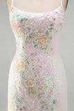 Sparkly Pink Floral Sequins Tight Scoop Neck Short Homecoming Dress