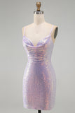Lilac Sparkly Tight Cowl Short Sequin Homecoming Dress