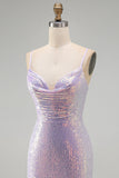 Lilac Sparkly Tight Cowl Short Sequin Homecoming Dress
