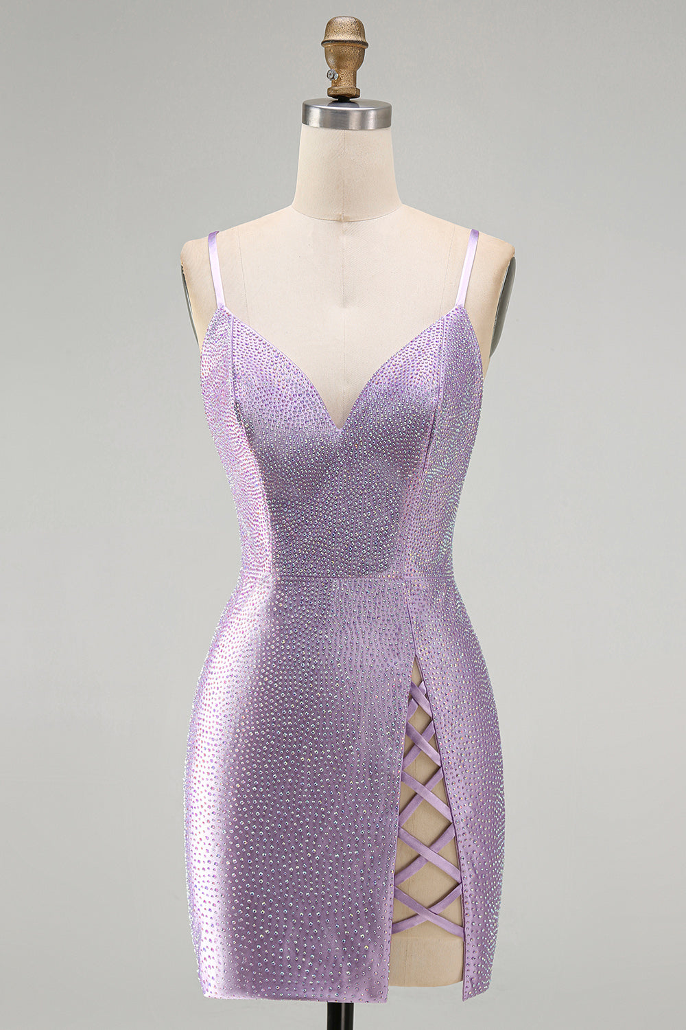 Sparkly Lilac Beaded Tight V-Neck Short Homecoming Dress with Slit