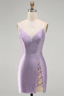 Sparkly Lilac Beaded Tight V-Neck Short Homecoming Dress with Slit