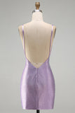 Sparkly Lilac Beaded Tight V-Neck Short Homecoming Dress with Slit