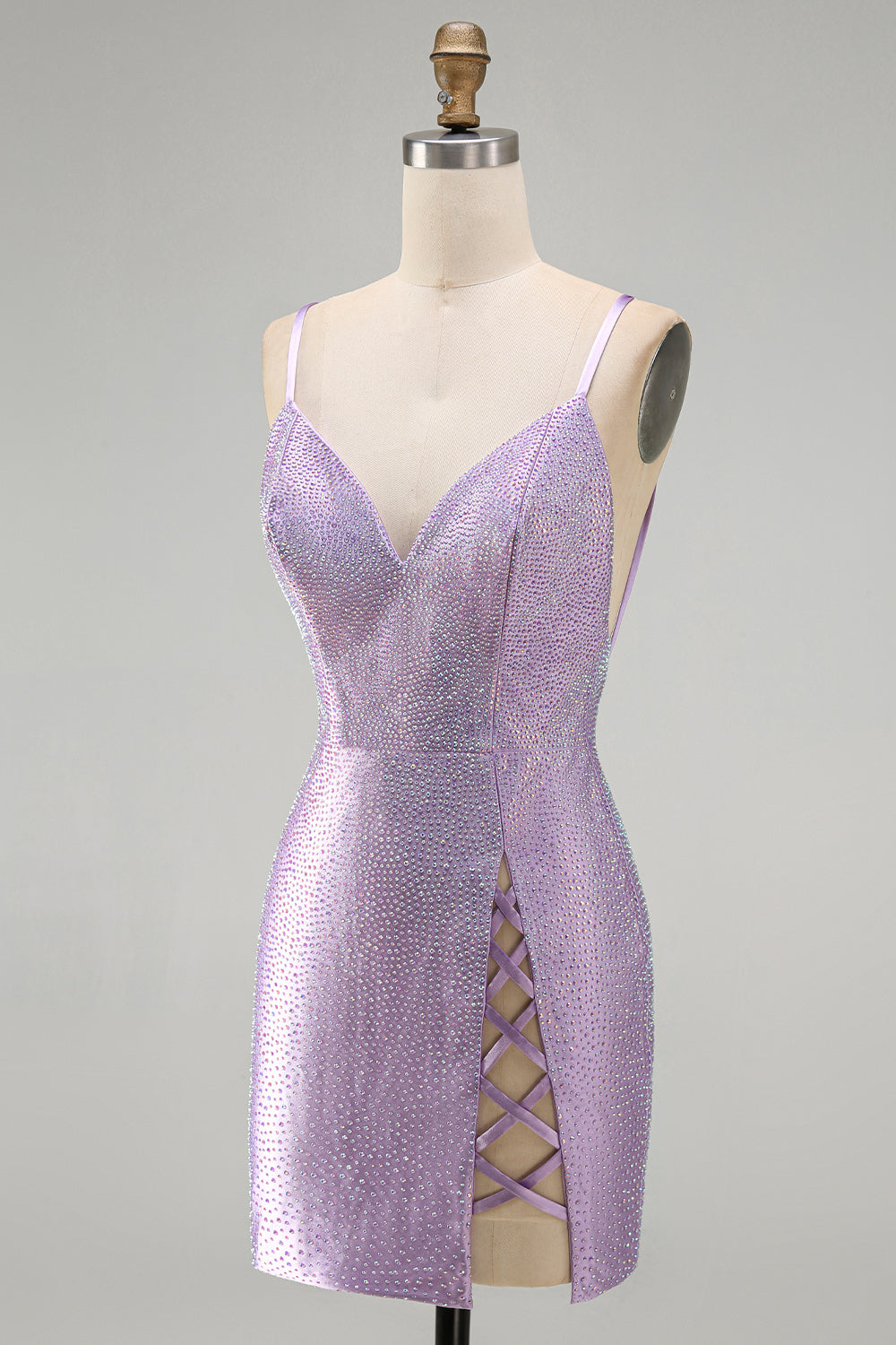 Sparkly Lilac Beaded Tight V-Neck Short Homecoming Dress with Slit