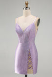 Sparkly Lilac Beaded Tight V-Neck Short Homecoming Dress with Slit