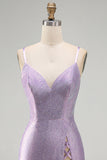 Sparkly Lilac Beaded Tight V-Neck Short Homecoming Dress with Slit