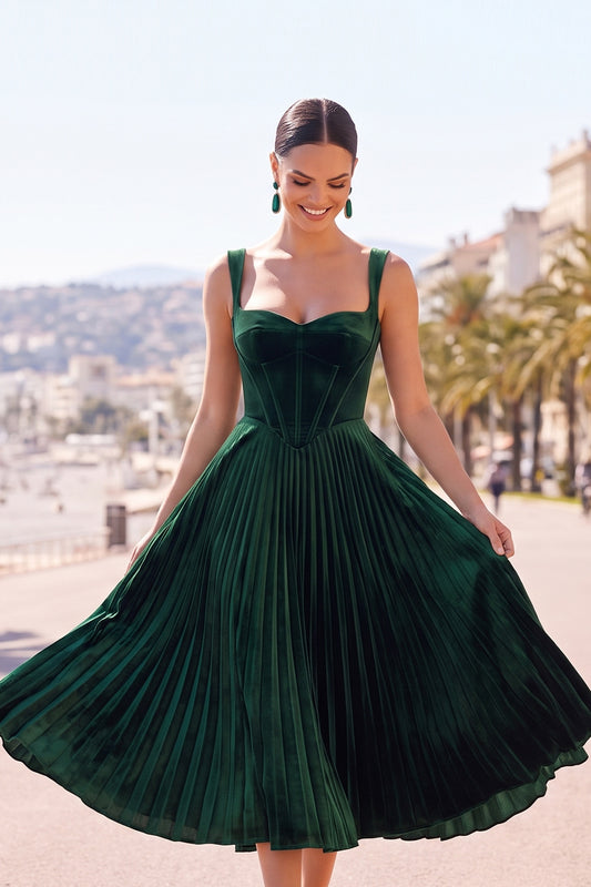 Dark Green Corset Thick Straps Pleated Midi Velvet Holiday Dress