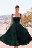 Dark Green Corset Thick Straps Pleated Midi Velvet Wedding Guest Dress
