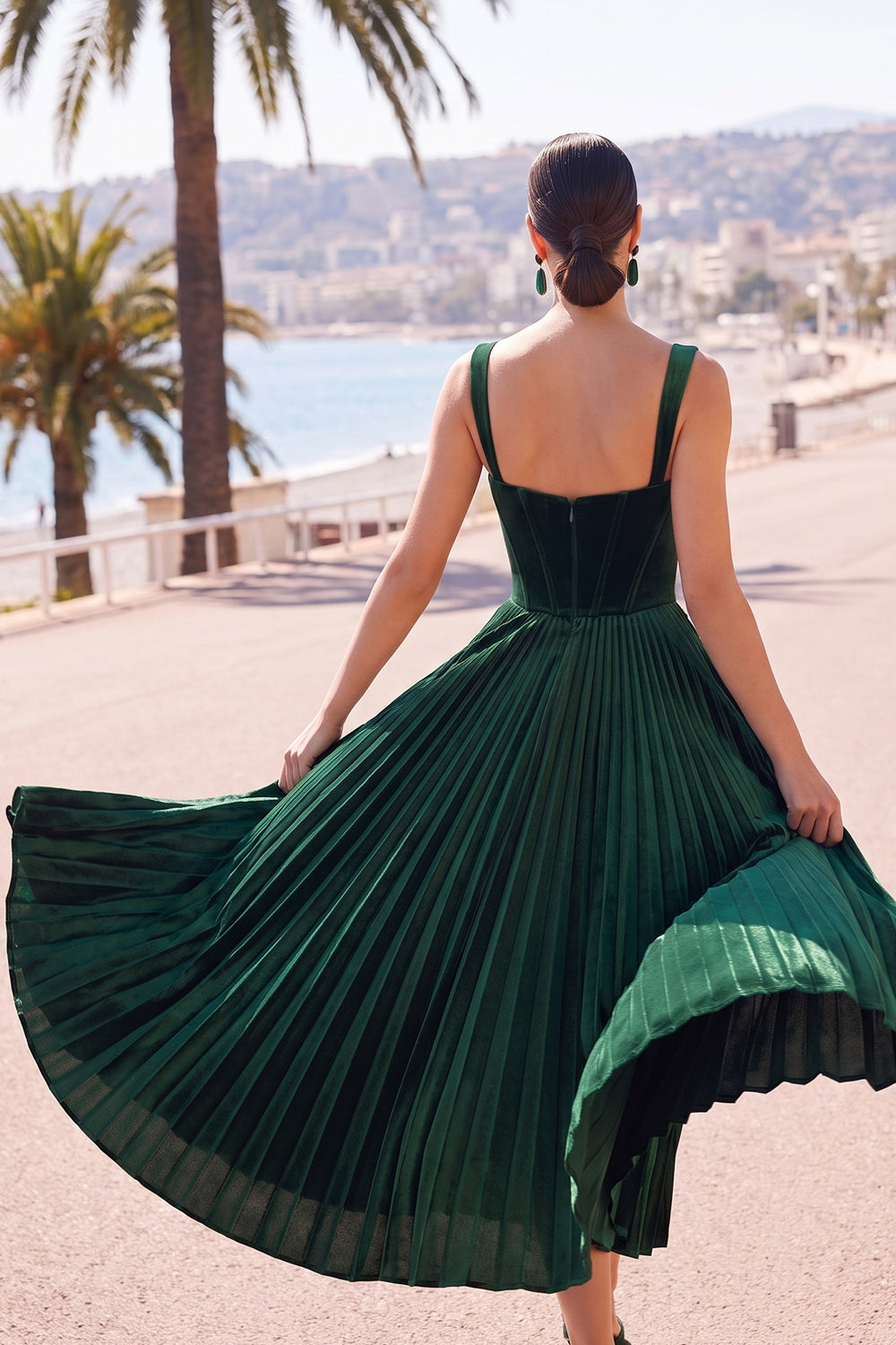 Dark Green Corset Thick Straps Pleated Midi Velvet Wedding Guest Dress
