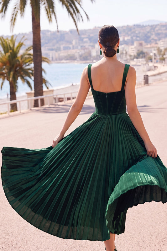 Dark Green Corset Thick Straps Pleated Midi Velvet Holiday Dress