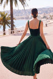 Dark Green Corset Thick Straps Pleated Midi Velvet Wedding Guest Dress