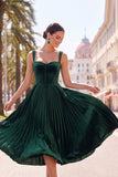 Dark Green Corset Thick Straps Pleated Midi Velvet Wedding Guest Dress