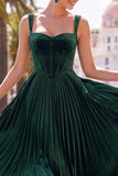 Dark Green Corset Thick Straps Pleated Midi Velvet Wedding Guest Dress