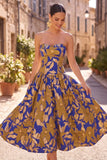 Royal Blue Sweetheart A-Line Jacquard Floral Midi Wedding Guest Dress