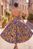 Royal Blue Sweetheart A-Line Jacquard Floral Midi Wedding Guest Dress
