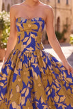 Royal Blue Sweetheart A-Line Jacquard Floral Midi Wedding Guest Dress