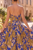Royal Blue Sweetheart A-Line Jacquard Floral Midi Wedding Guest Dress
