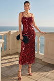 Sparkly Golden Sheath Sequin Spaghetti Straps Long Wedding Guest Dress